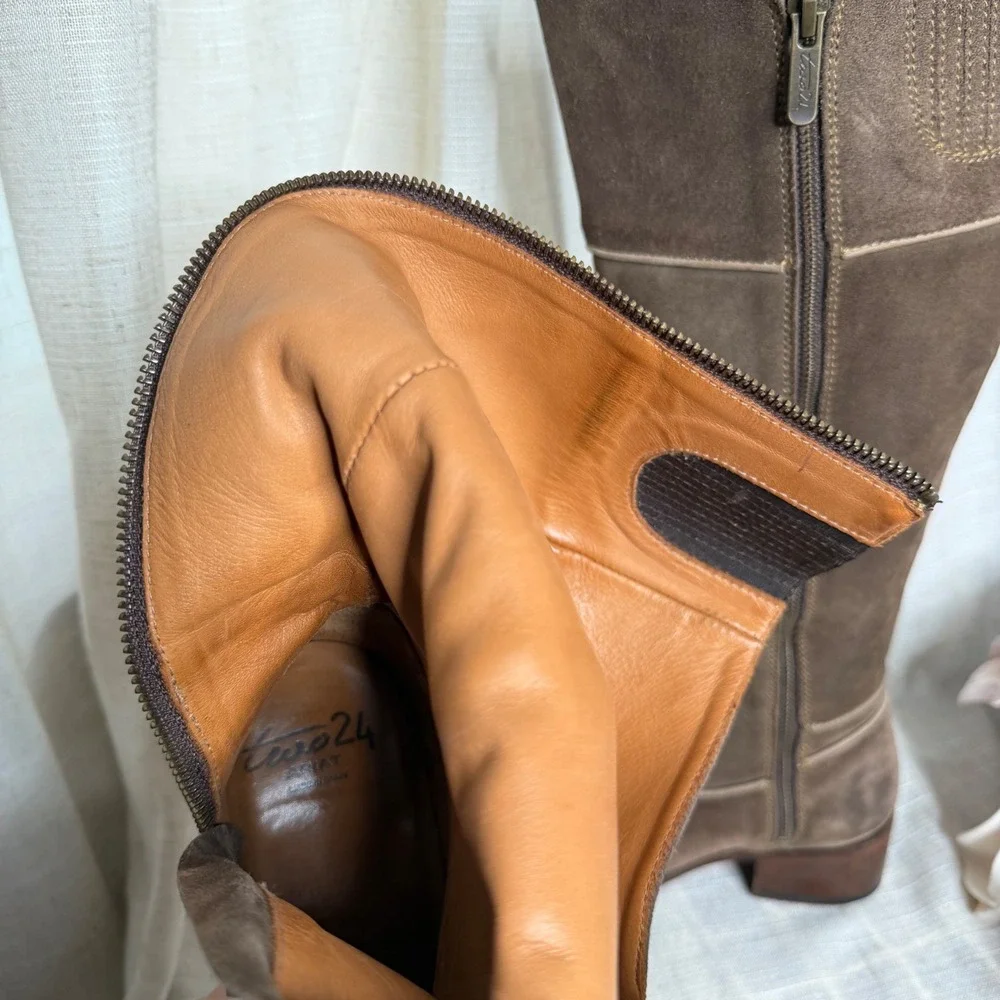Two24 Ariat Suede Leather Tall Boots Heel Side Zip Brown Spain Women Shoe Size 8